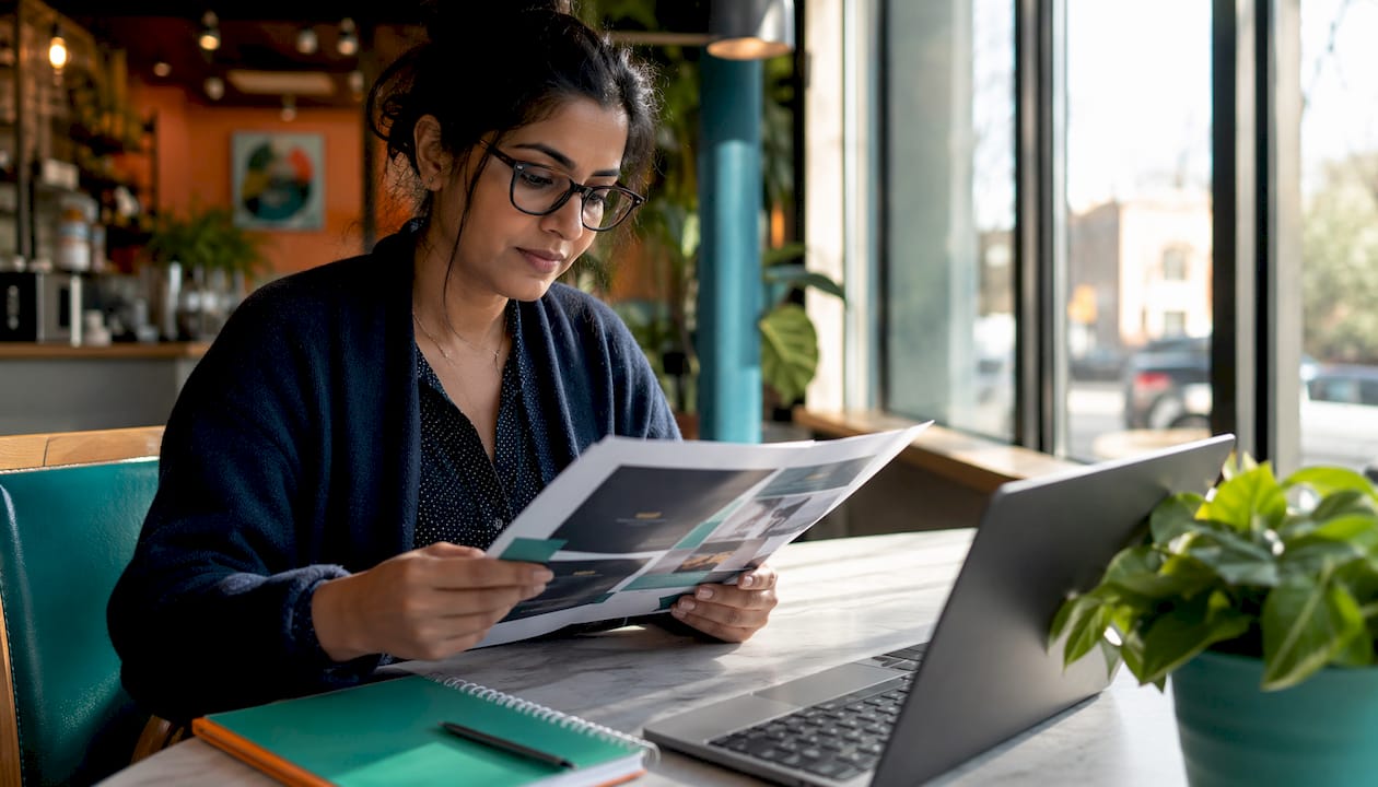 Woman evaluating marketing agency brochures