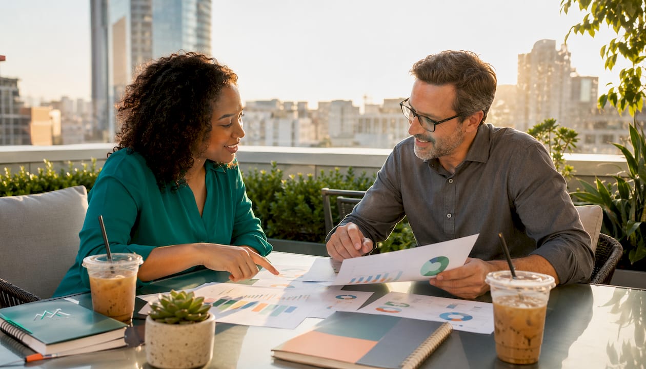 Two digital marketers discussing client campaign results