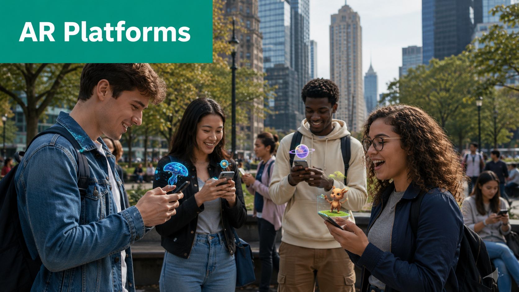 A diverse group of young friends interact with augmented reality characters on their smartphones in a park.