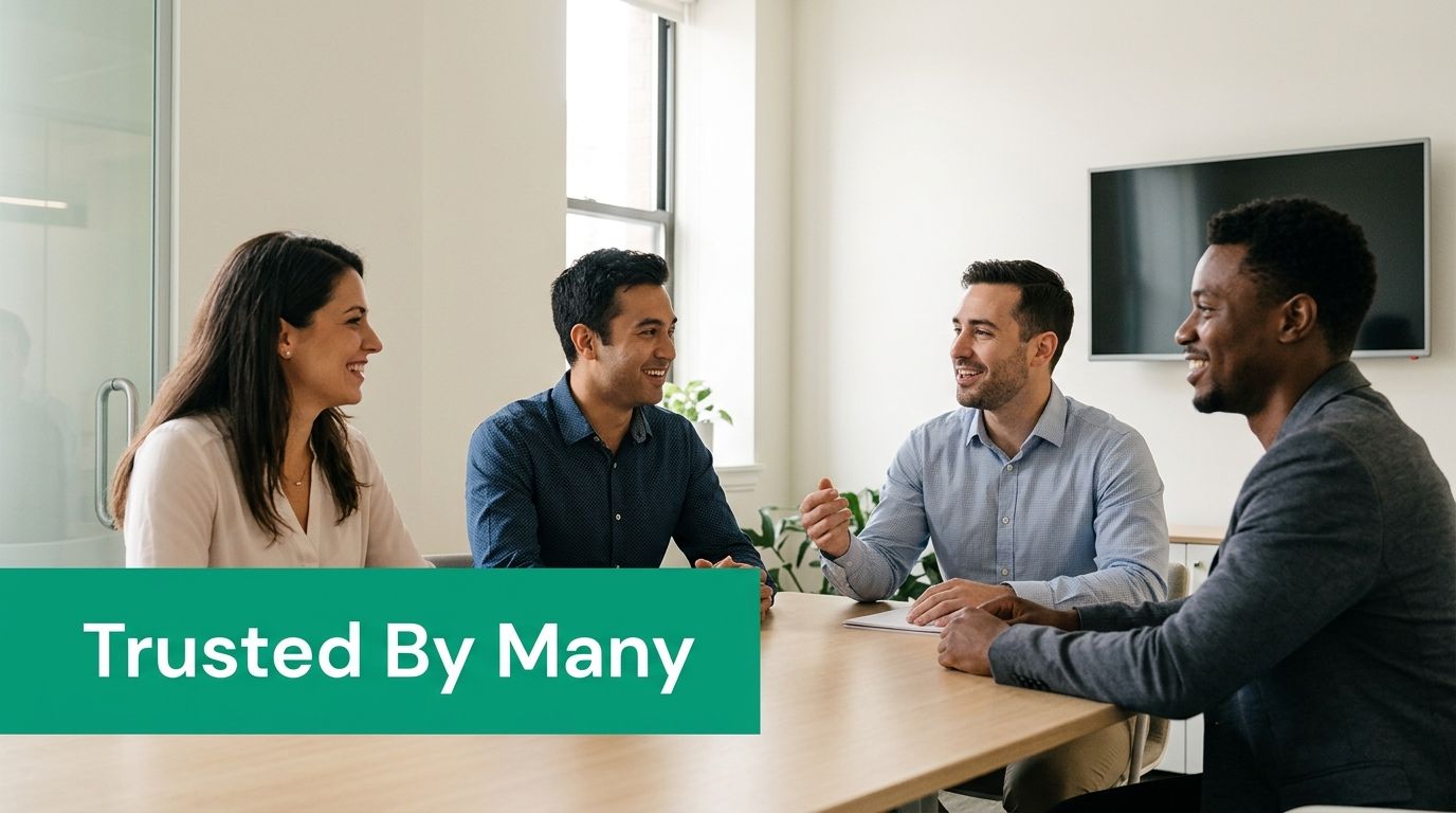 A diverse group of four professionals sitting around a wooden conference table in a bright office.