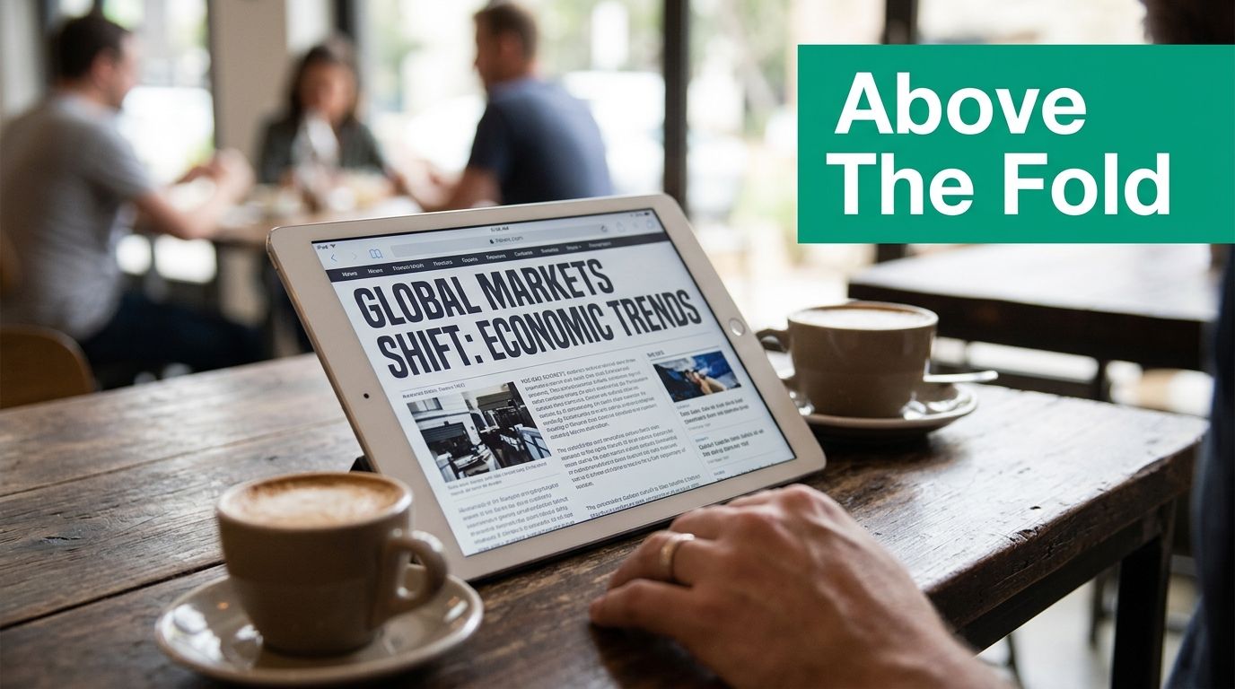 A person reading a global markets news article on a tablet while sitting at a coffee shop.