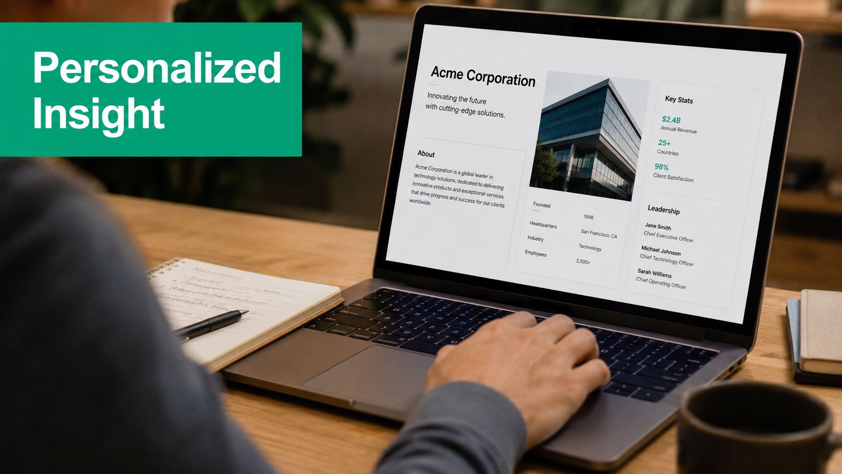 A professional working on a laptop displaying a business company profile for acme corporation.