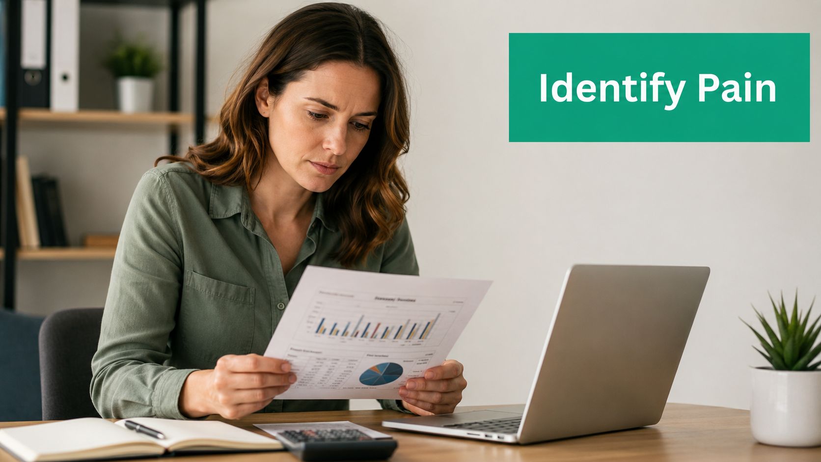 A focused professional woman analyzes financial documents and data charts at her desk in an office.