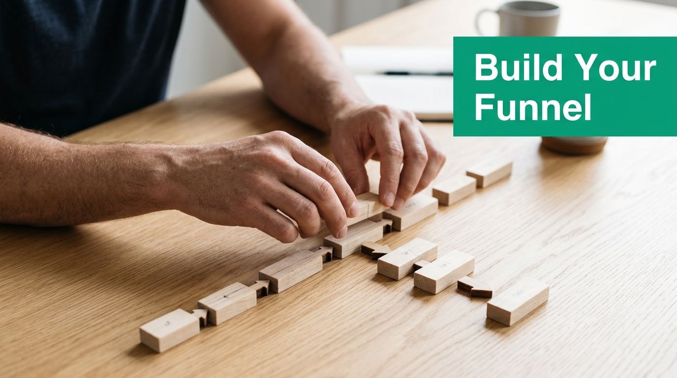 A person arranging wooden blocks on a table to create a visual marketing funnel diagram.