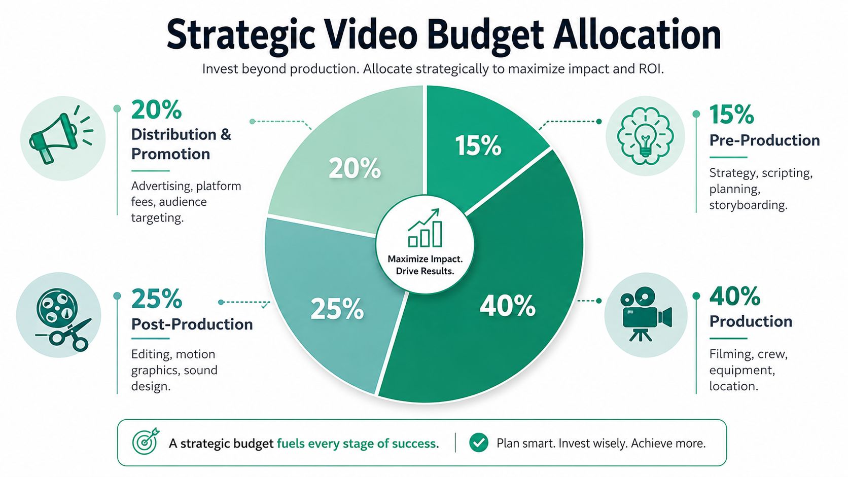 A pie chart infographic detailing a strategic video budget allocation across four stages of production.