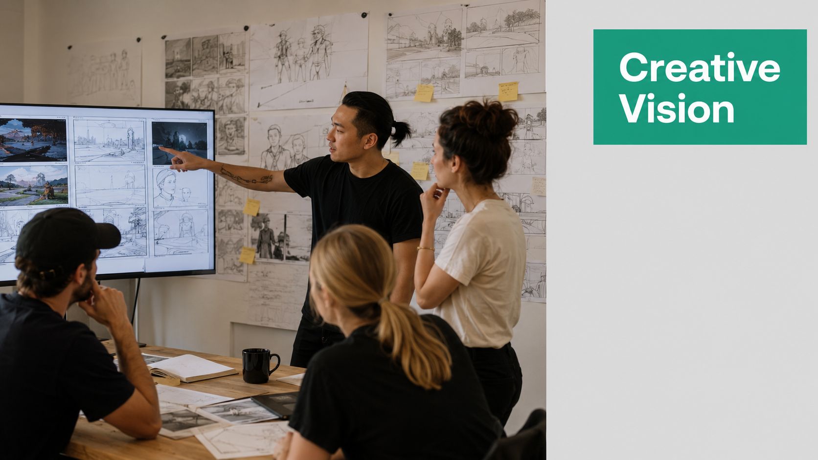 A diverse creative team collaborating on storyboards for a project in a modern office studio setting.