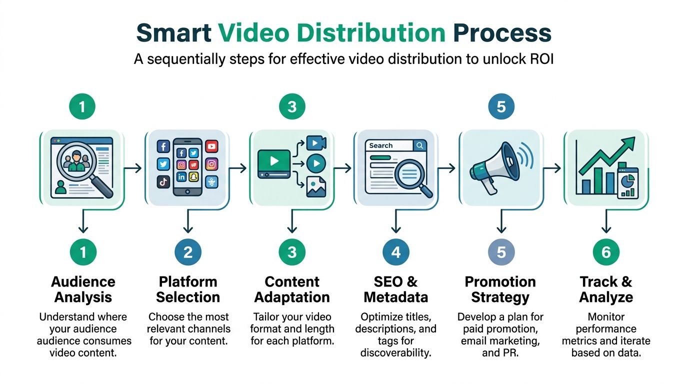 A six-step infographic illustrating the smart video distribution process to increase digital marketing return on investment.