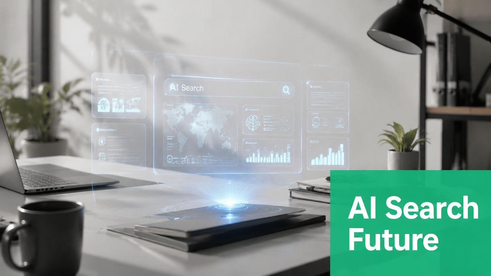 A digital interface featuring ai search technology hovering above a modern office desk with a laptop.