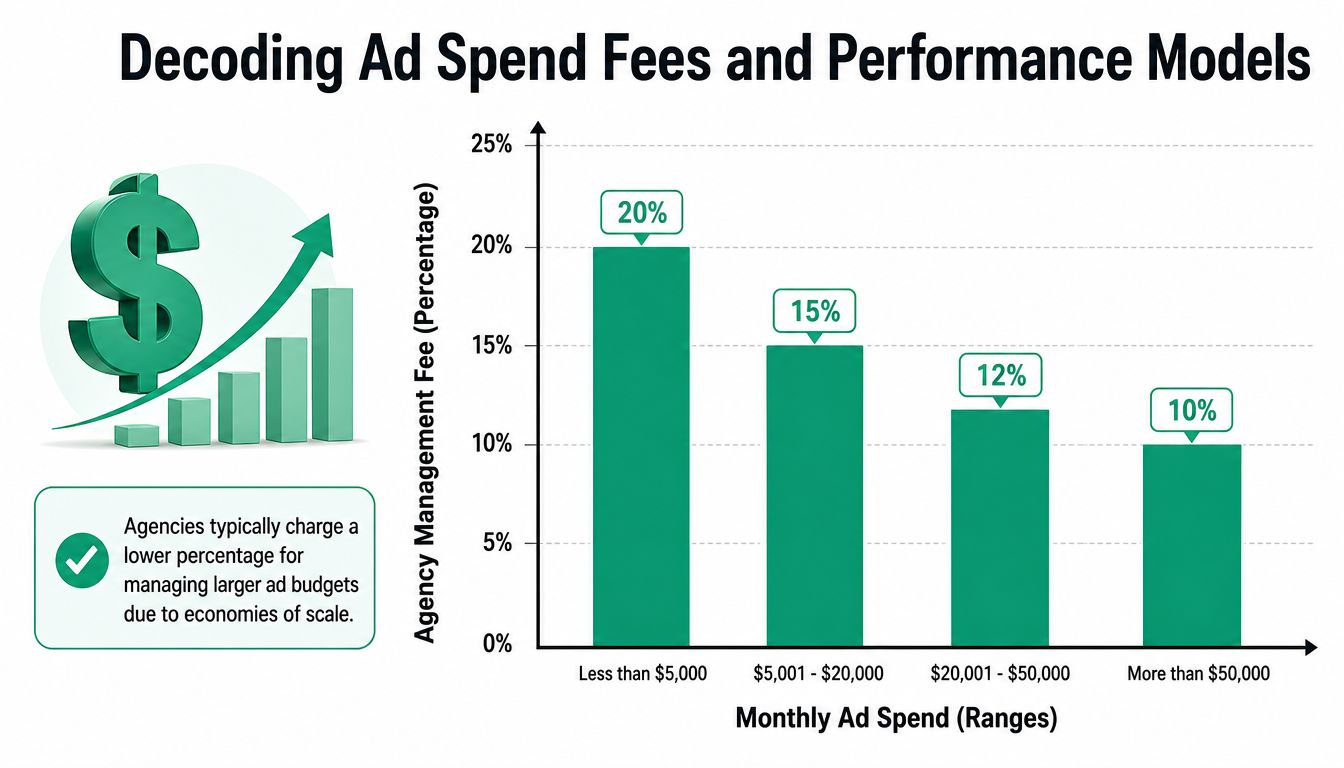 Bar chart showing how agency management fees decrease as monthly ad spend budgets increase.