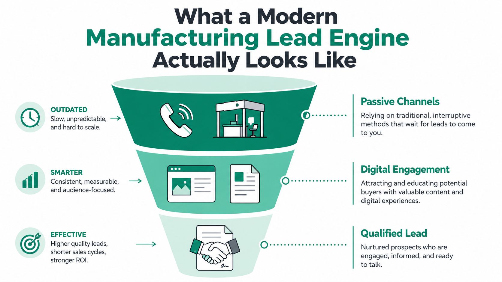 A funnel infographic explaining modern versus outdated lead generation strategies for manufacturing companies.