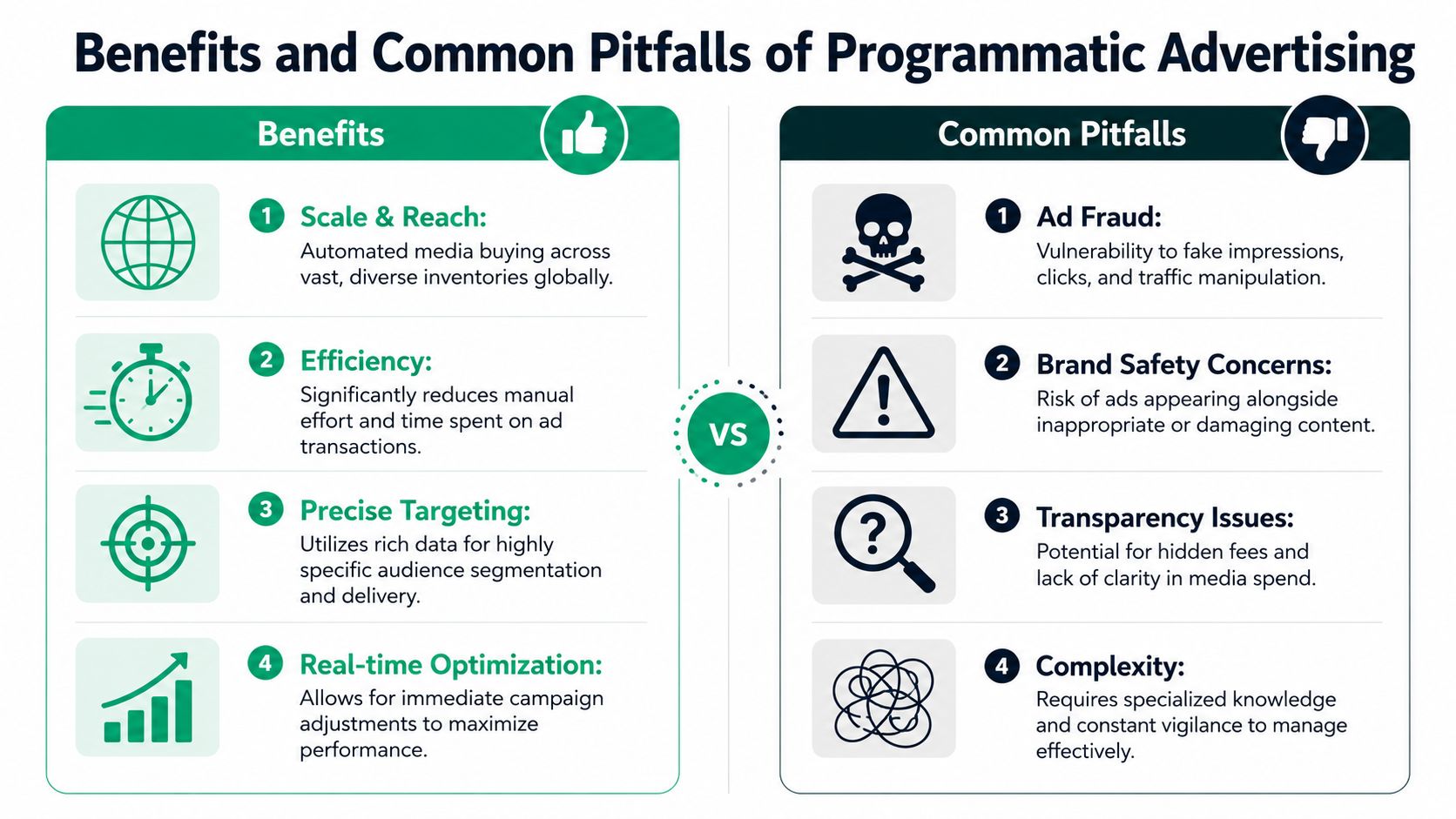 A comparison infographic highlighting the key benefits and common pitfalls of programmatic advertising in digital marketing.