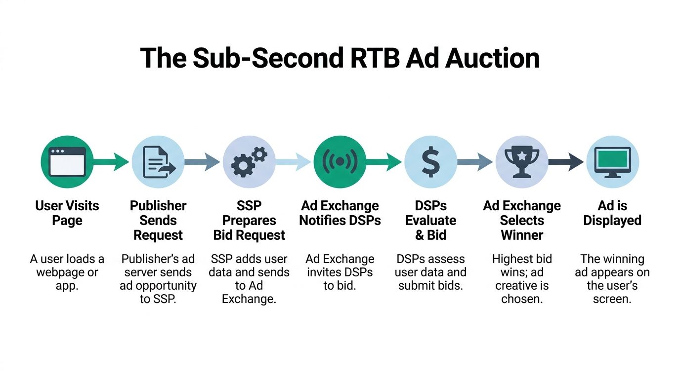 A flowchart showing the steps of a sub-second real time bidding ad auction process from start to finish.