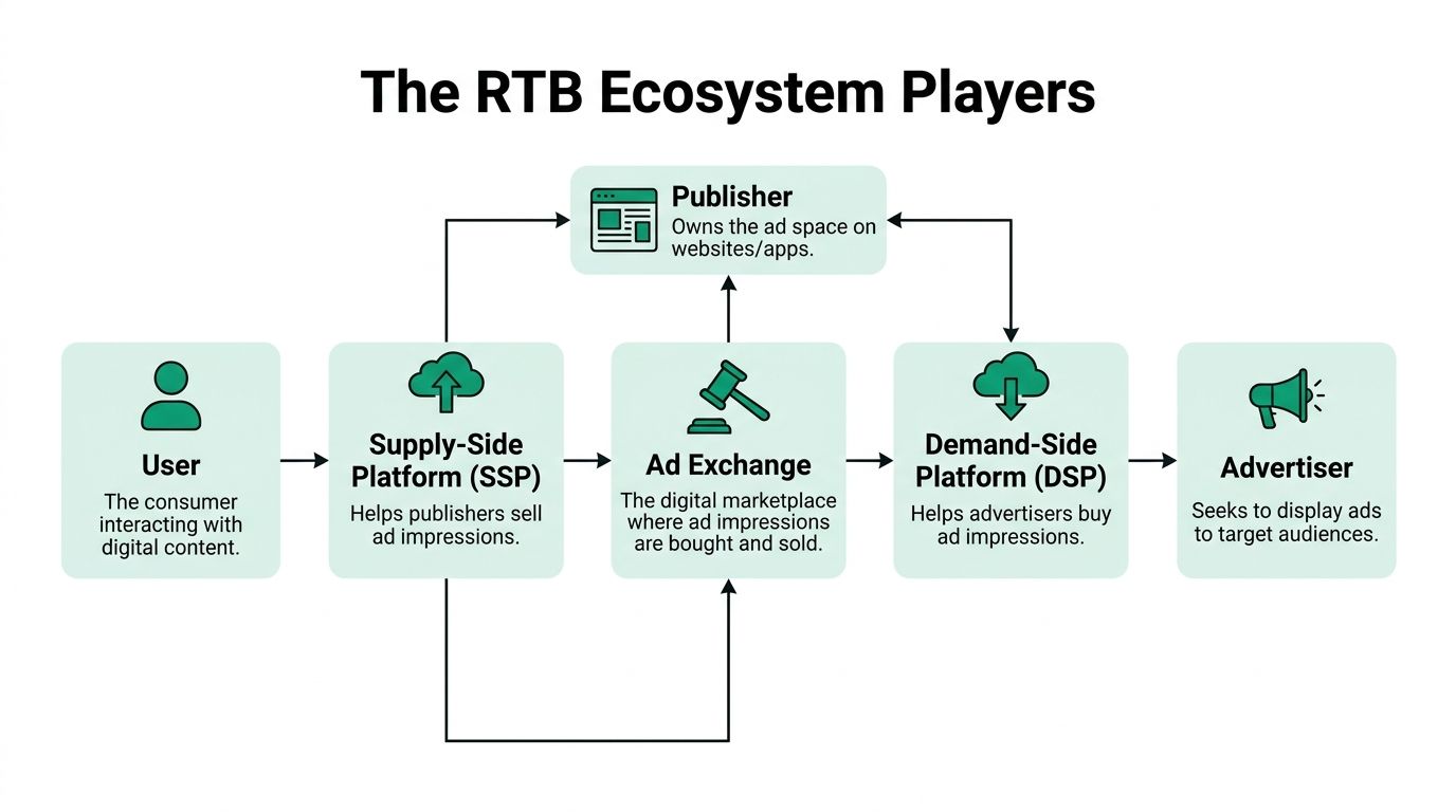 A diagram illustrating the rtb ecosystem players including the user, ssp, ad exchange, dsp, publisher, and advertiser.