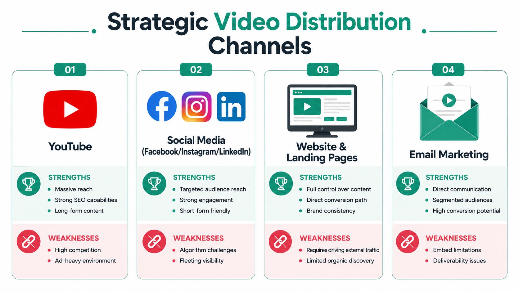A strategic infographic outlining four main channels for video distribution for businesses, including strengths and weaknesses.