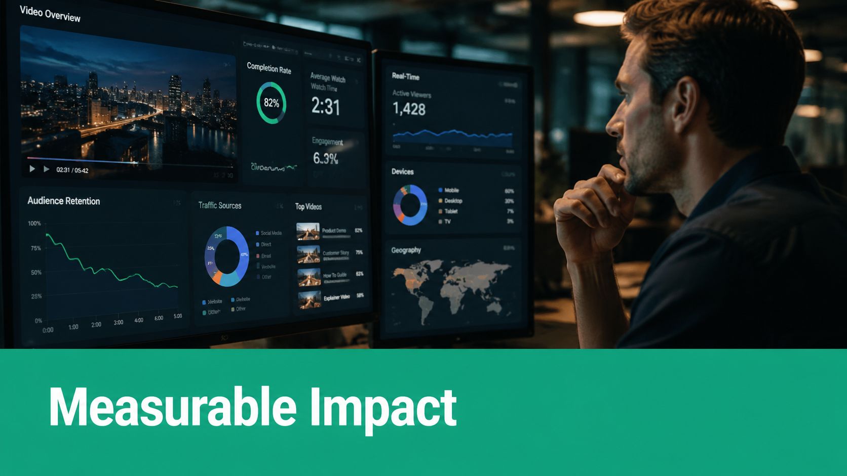 A professional analyzing detailed video marketing analytics dashboard data on computer monitors in a dark office.