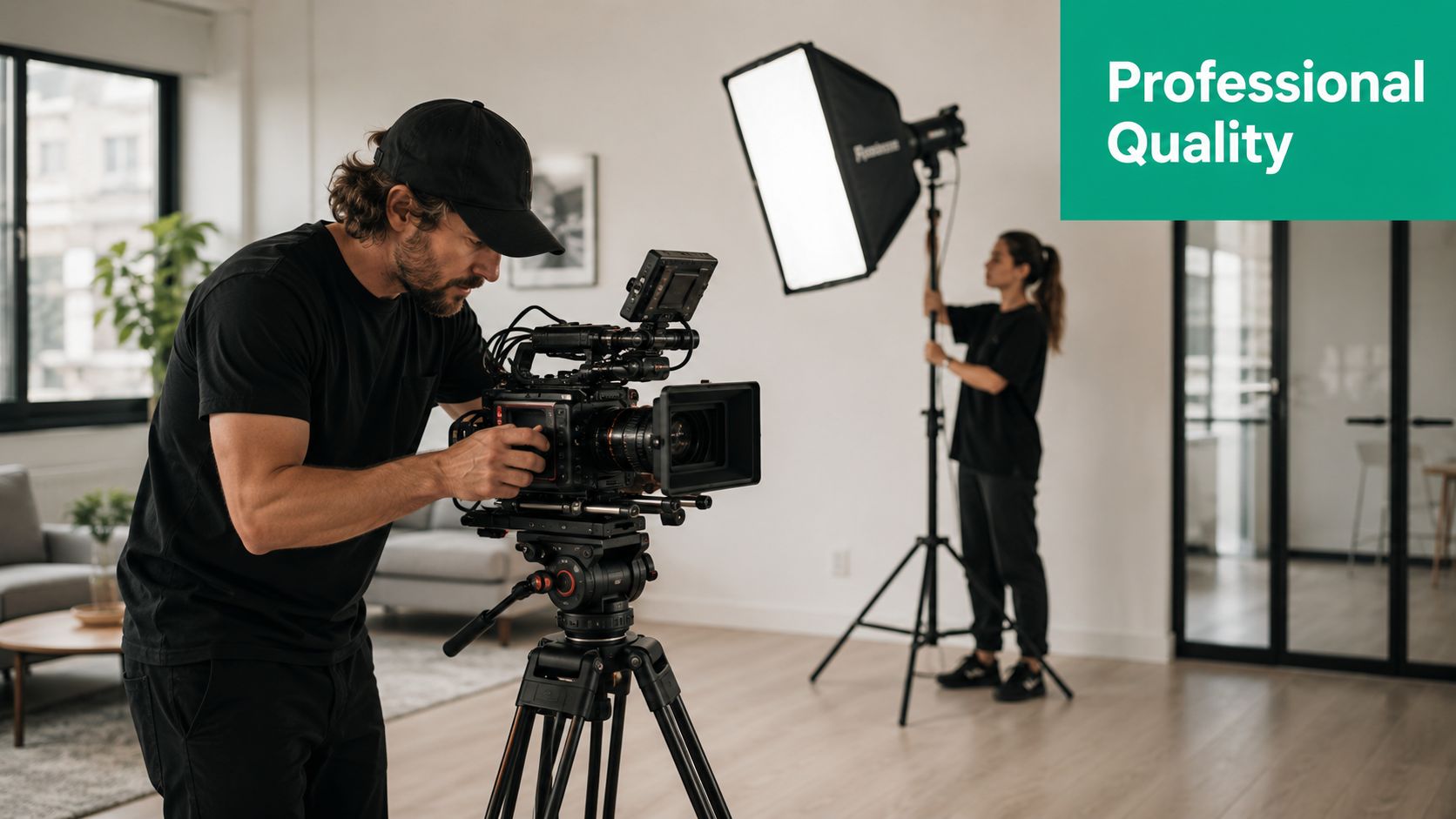 A professional videographer adjusts a camera on a tripod while an assistant holds a studio light.