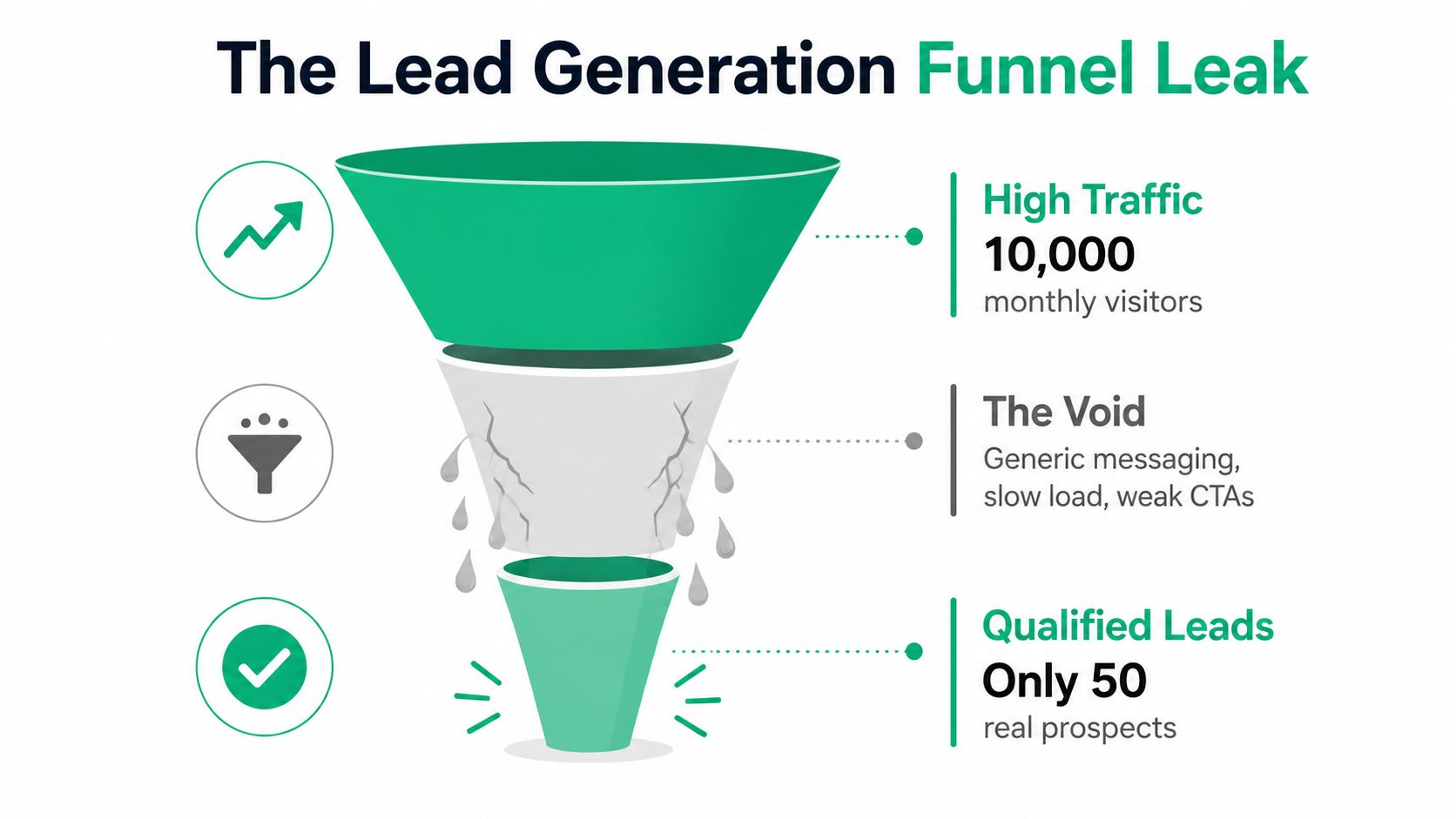 A funnel diagram illustrating lead generation leaks with 10,000 visitors dropping down to only 50 qualified leads.