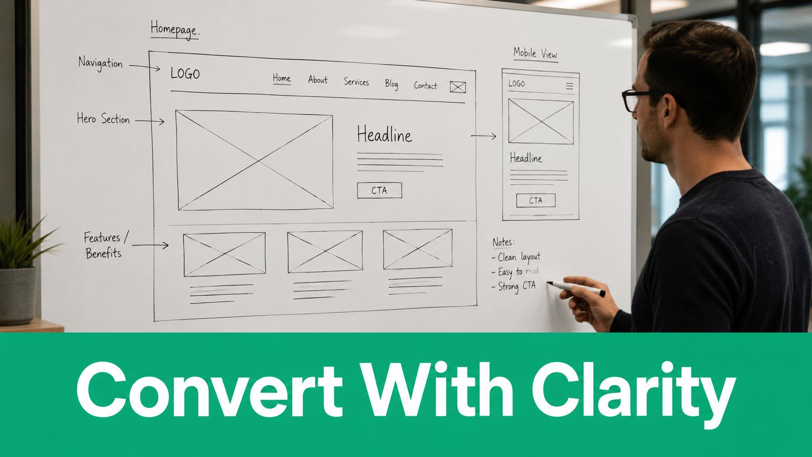 A professional designer sketching a website wireframe layout on a large office whiteboard for conversion optimization.