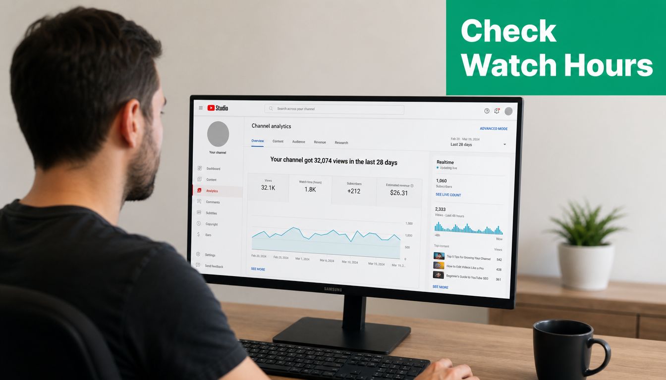 A creator reviewing their youtube studio channel analytics dashboard on a desktop monitor in a modern office.