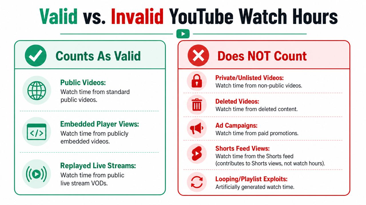 An infographic distinguishing between valid and invalid youtube watch hours for channel monetization eligibility.