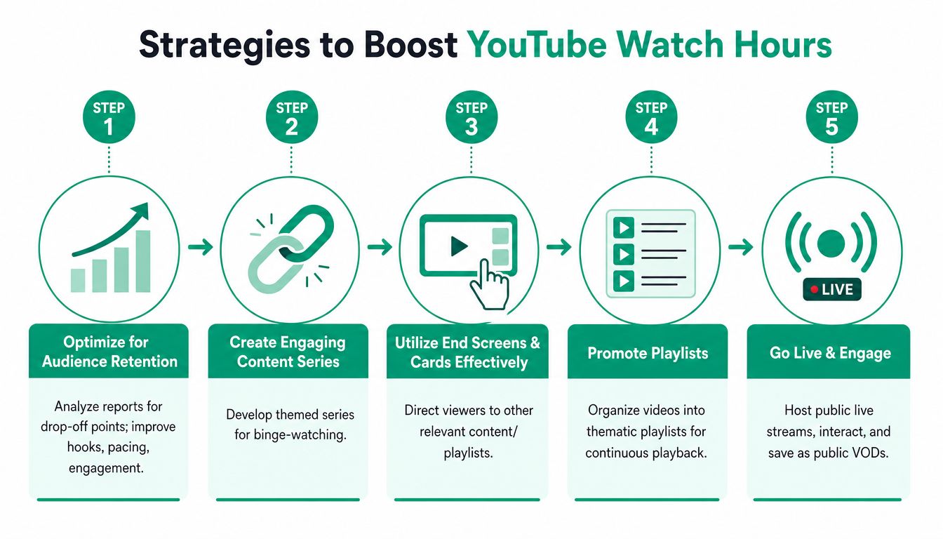 A five-step infographic showing effective strategies to increase and boost youtube channel watch hours.