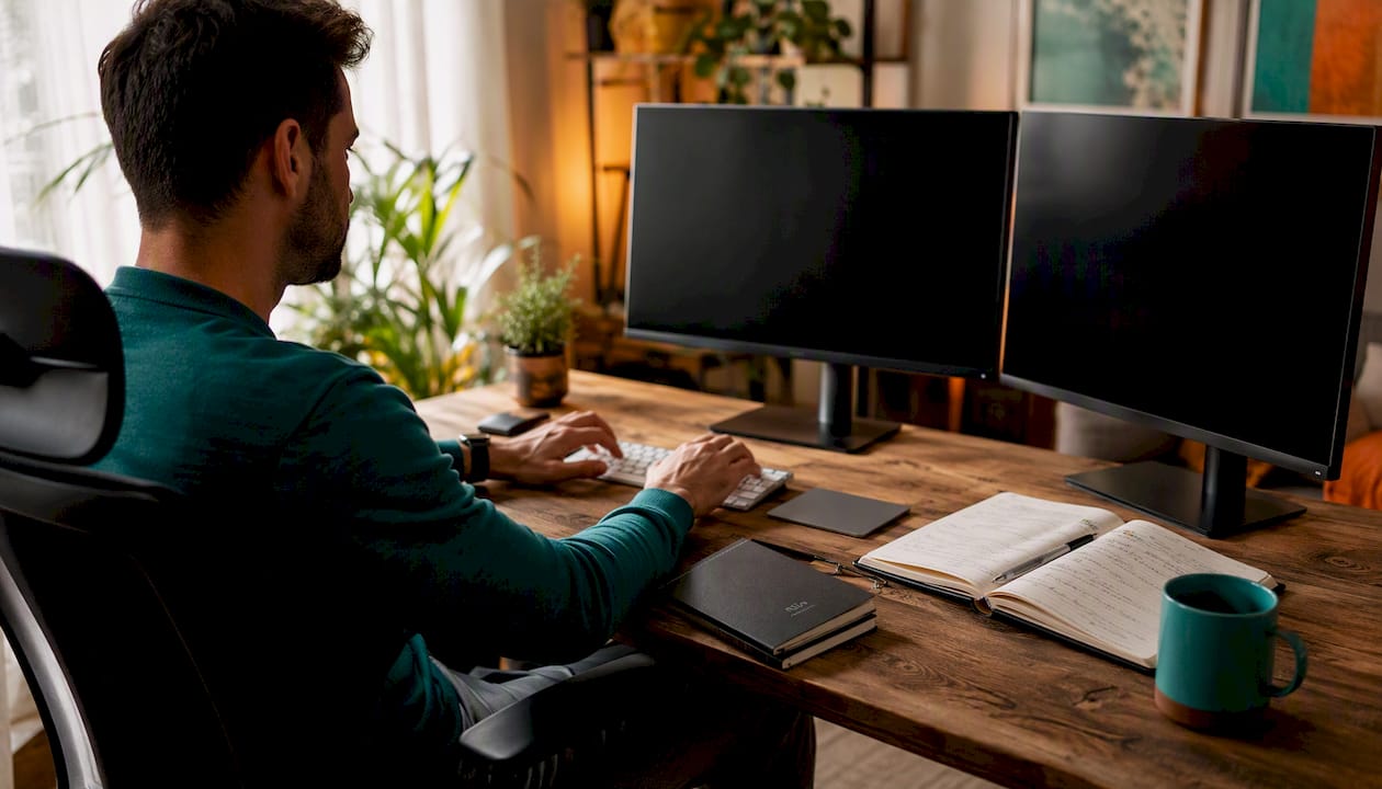 Hands typing on keyboard with marketing tools