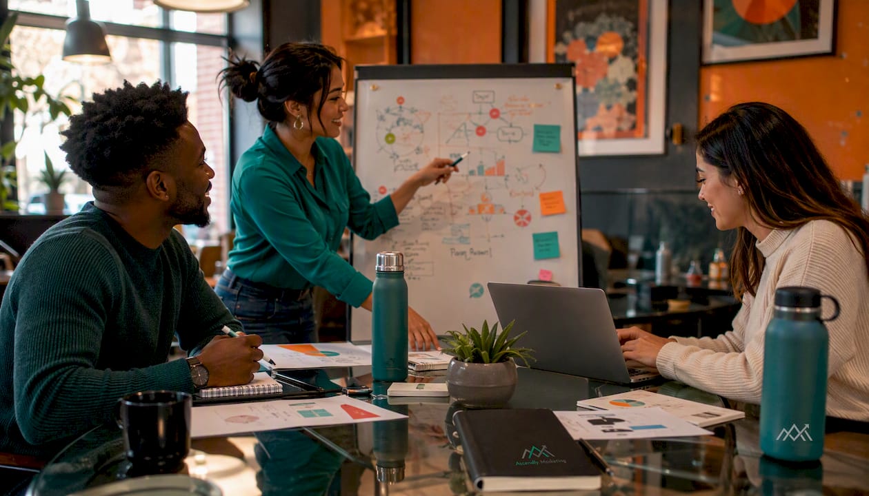 Marketing team collaborating in meeting room