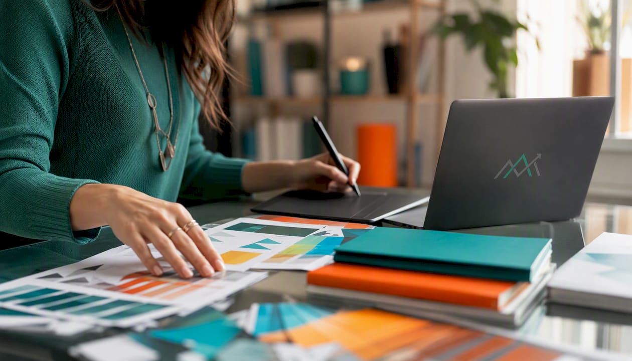Hands organizing marketing brand assets