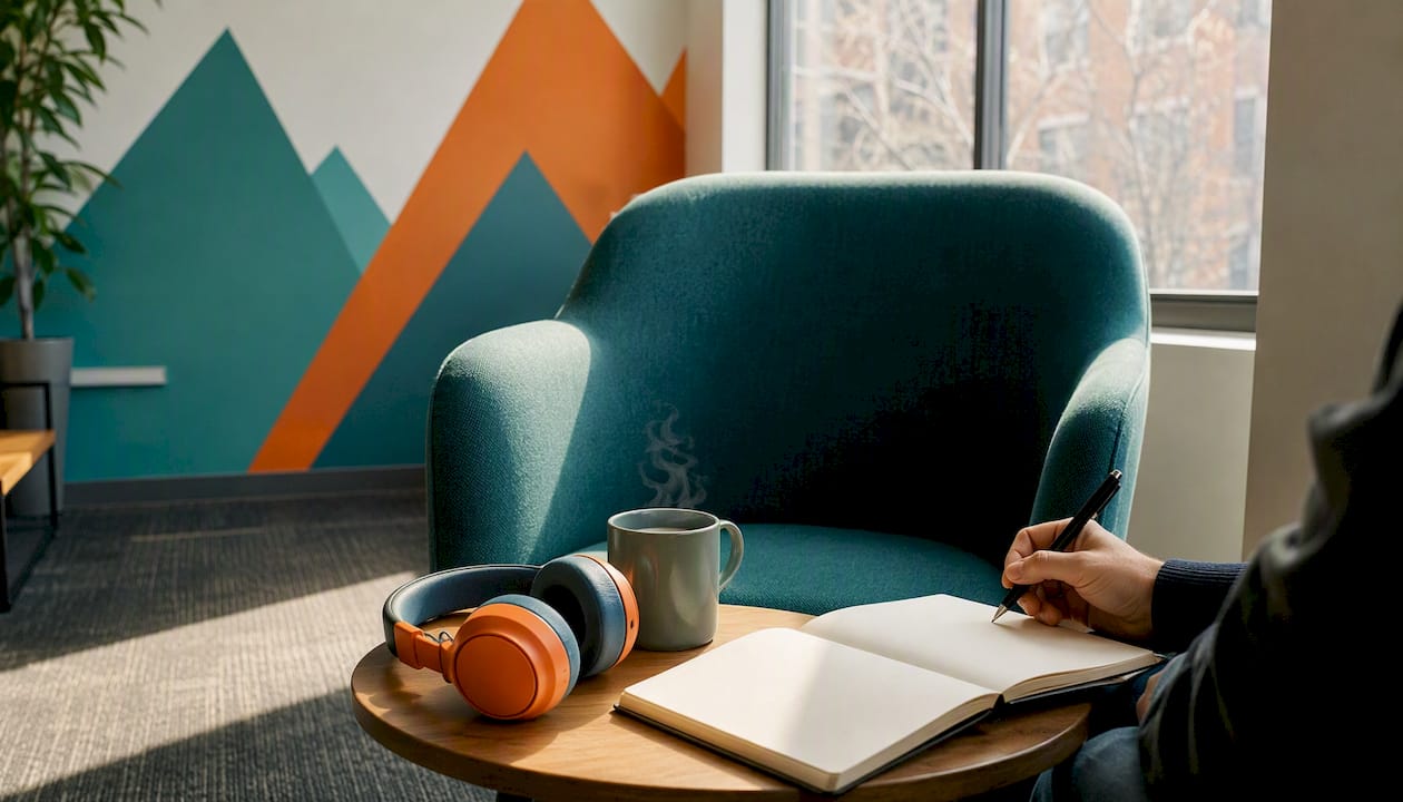 Marketing desk with tablet and headset