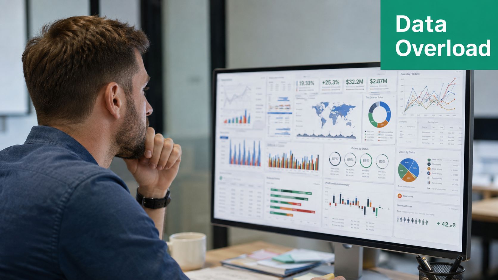 A professional man intently analyzing complex financial data charts and business analytics on a large computer monitor.