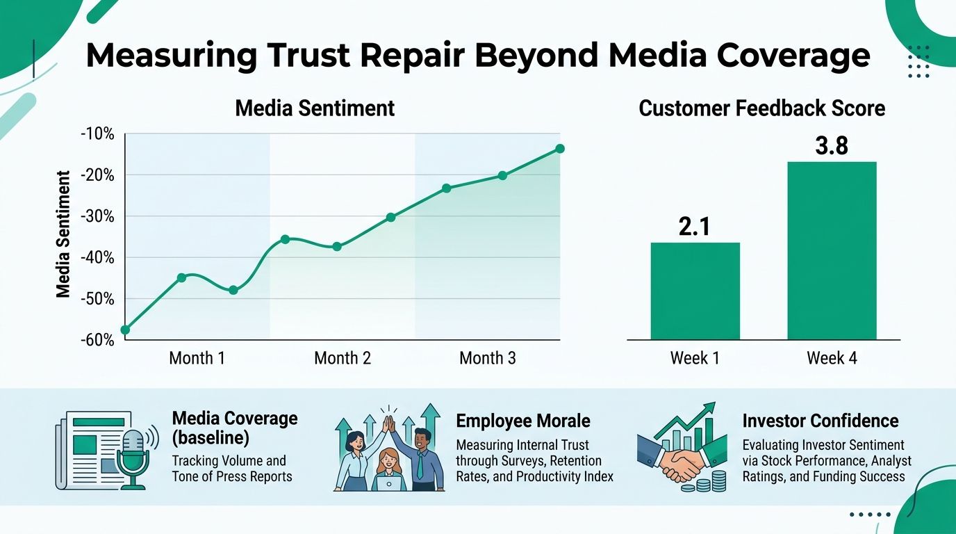Infographic showing metrics for measuring trust repair beyond media coverage, including sentiment trends and feedback scores.