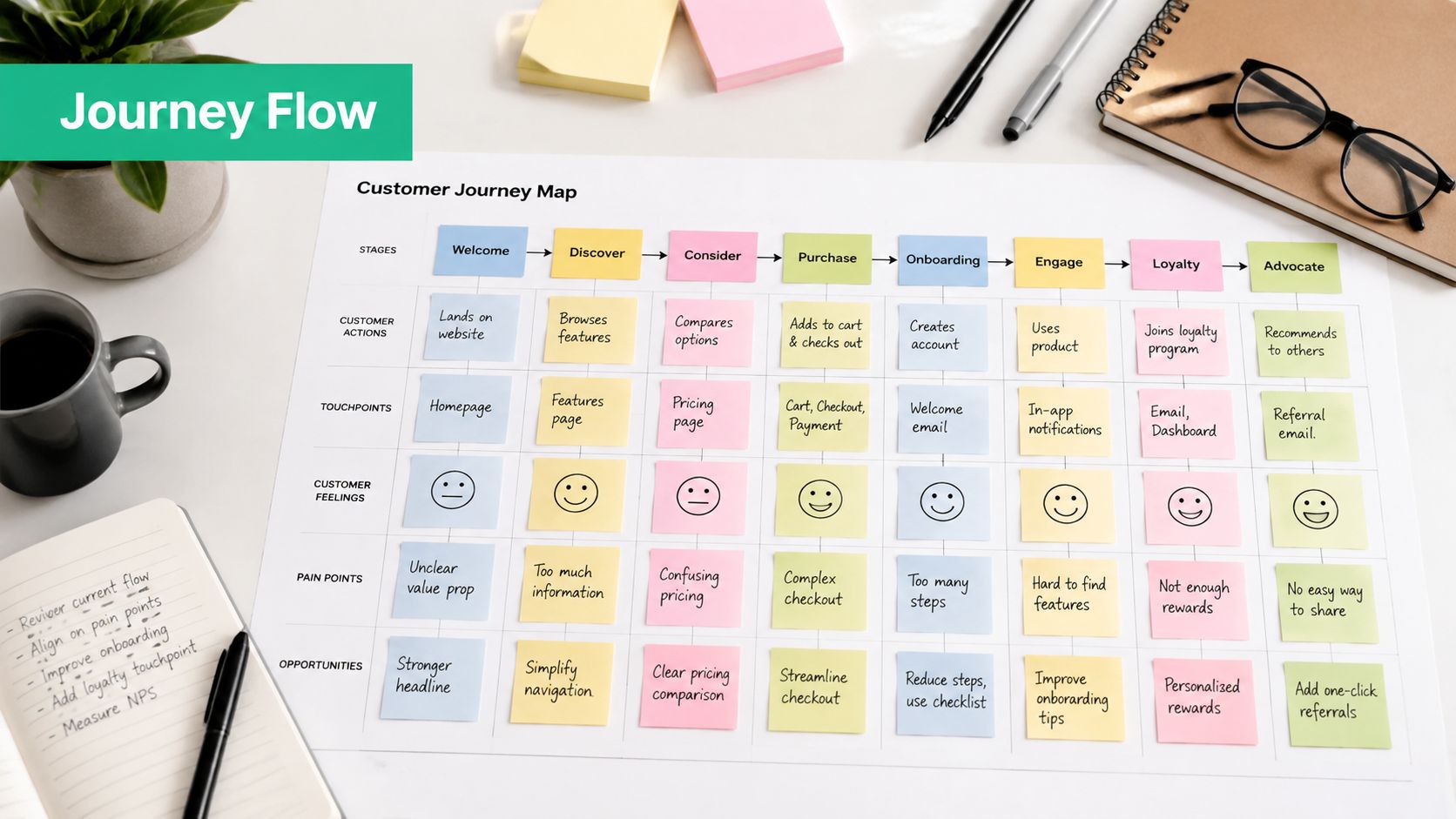 A customer journey map on a desk showing stages from welcome to advocate with action points and opportunities.