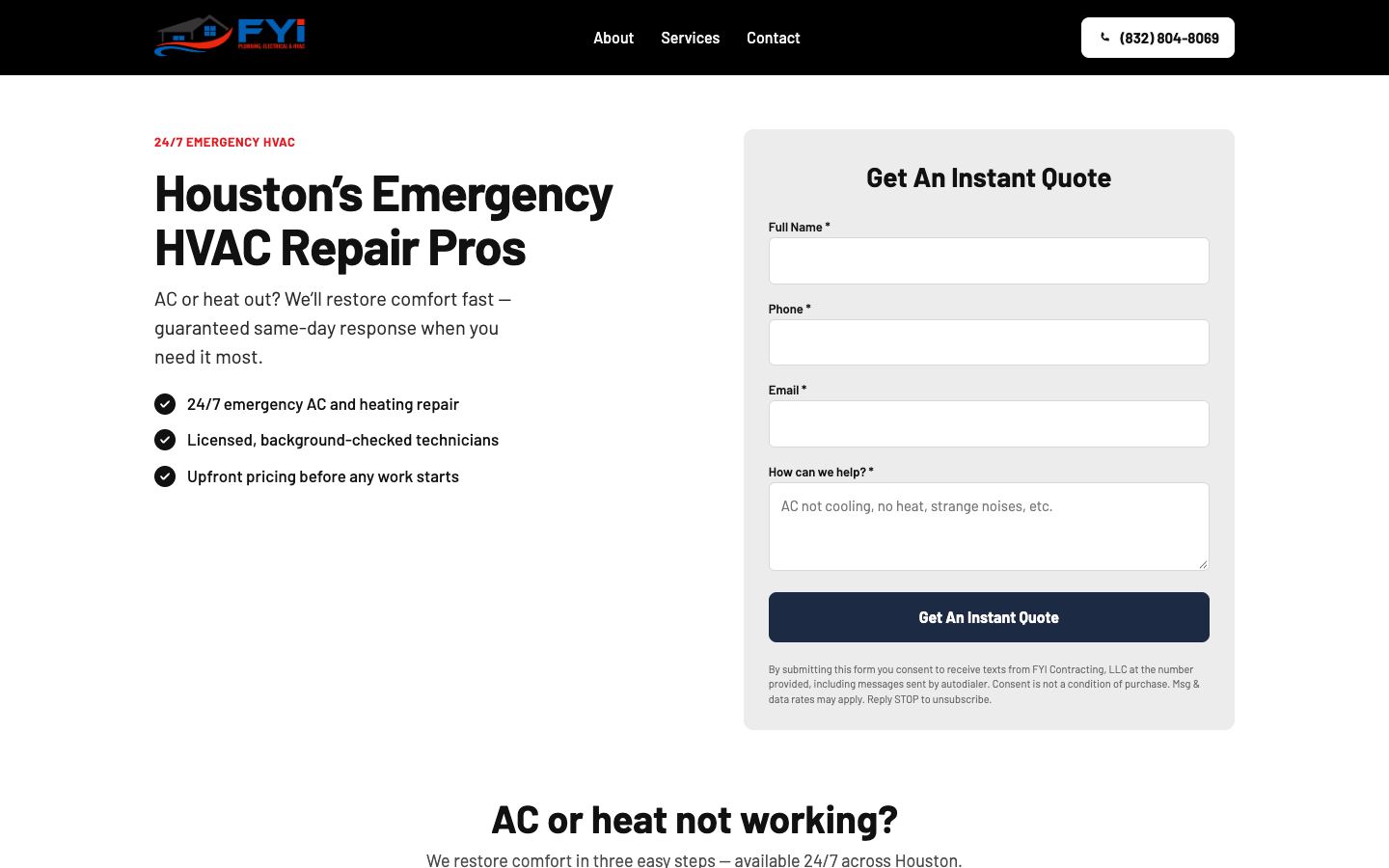 Desktop view of the fyi contracting landing page
