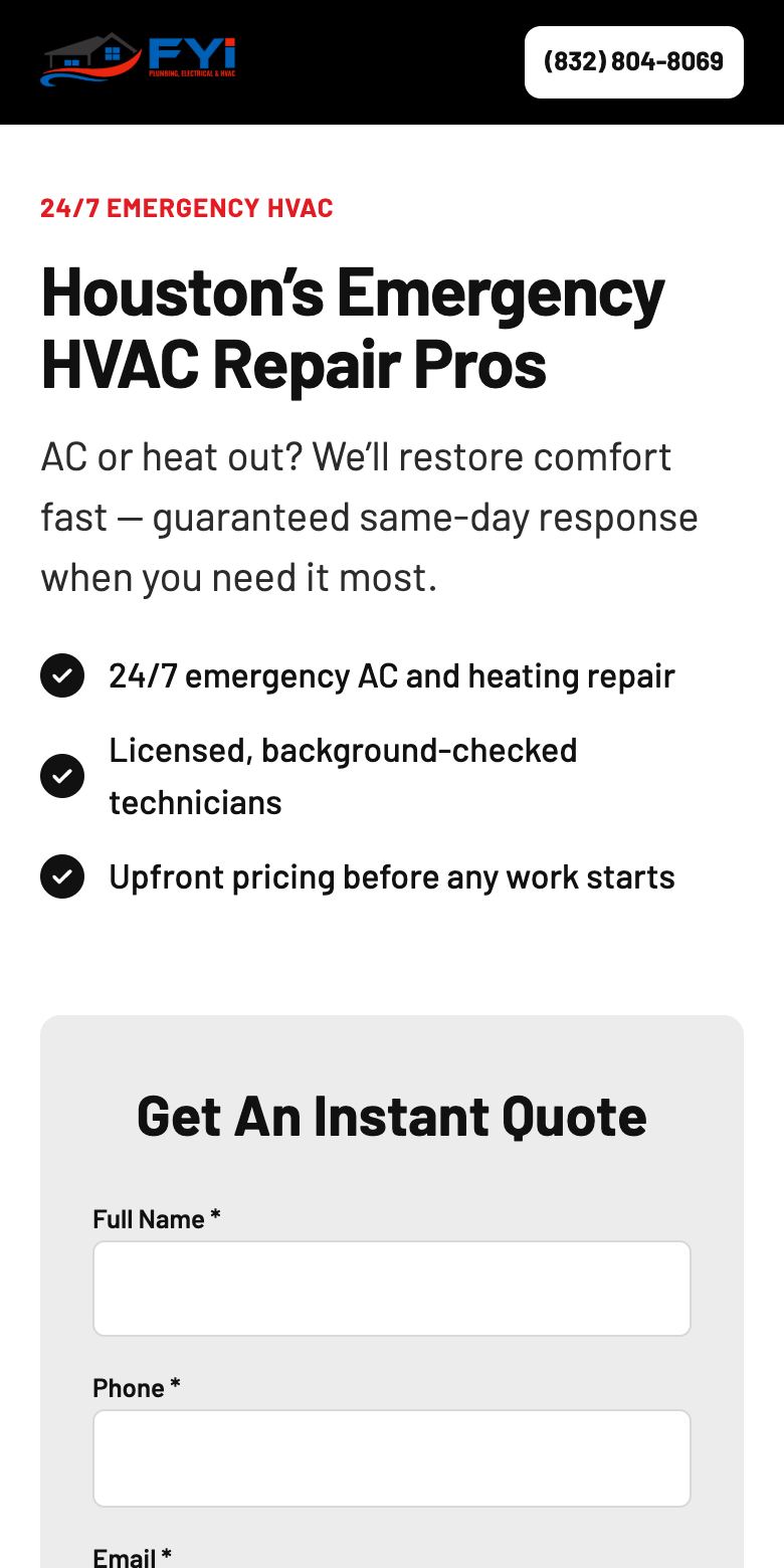 Mobile view of the fyi contracting landing page