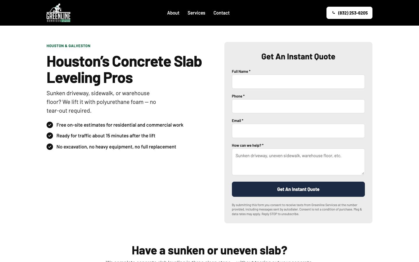 Desktop view of the greenline concrete lift landing page
