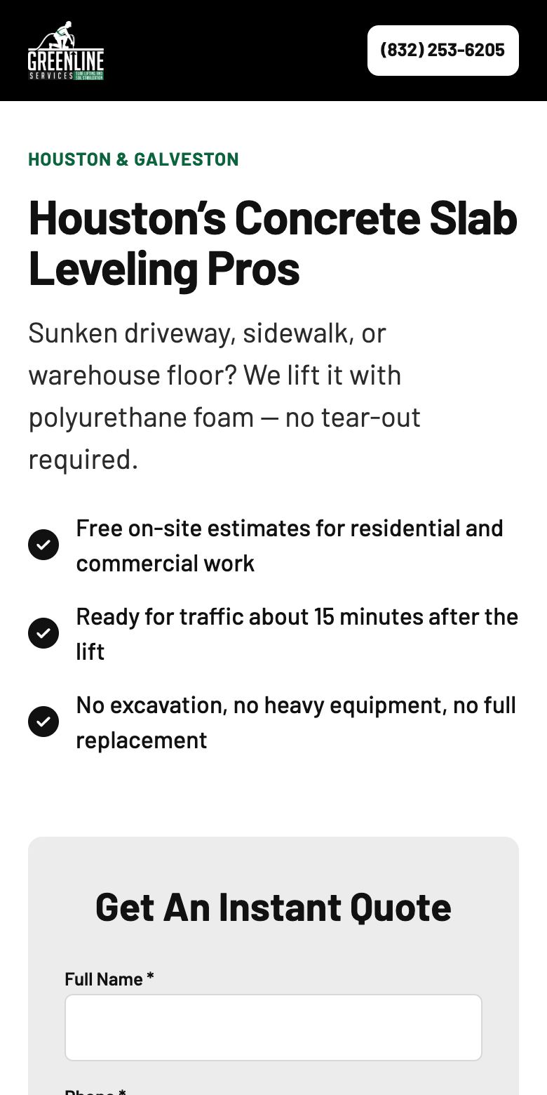 Mobile view of the greenline concrete lift landing page