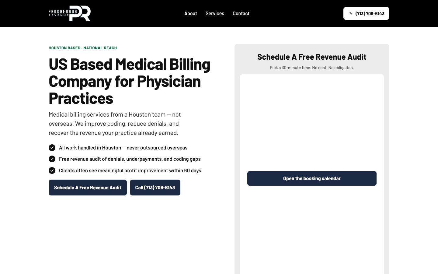 Desktop view of the progressus revenue landing page