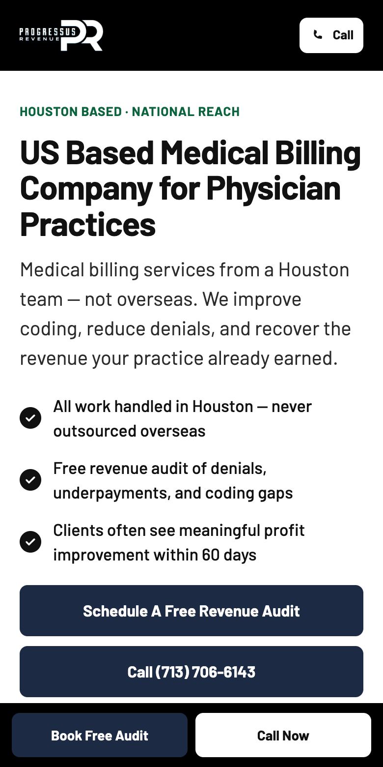 Mobile view of the progressus revenue landing page