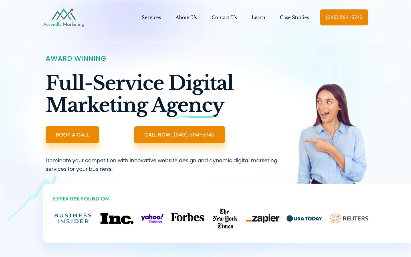 Homepage of the ascendly marketing website, built on wordpress by ascendly