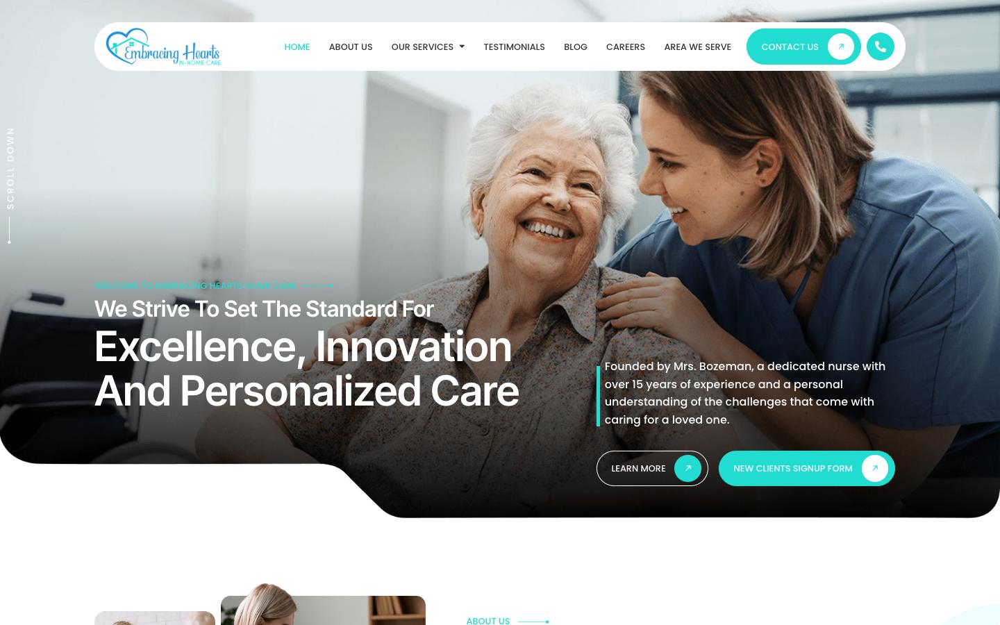 Homepage of the embracing hearts home care website, built on wordpress by ascendly