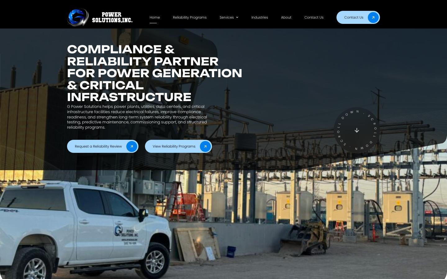 Homepage of the g power solutions website, built on wordpress by ascendly
