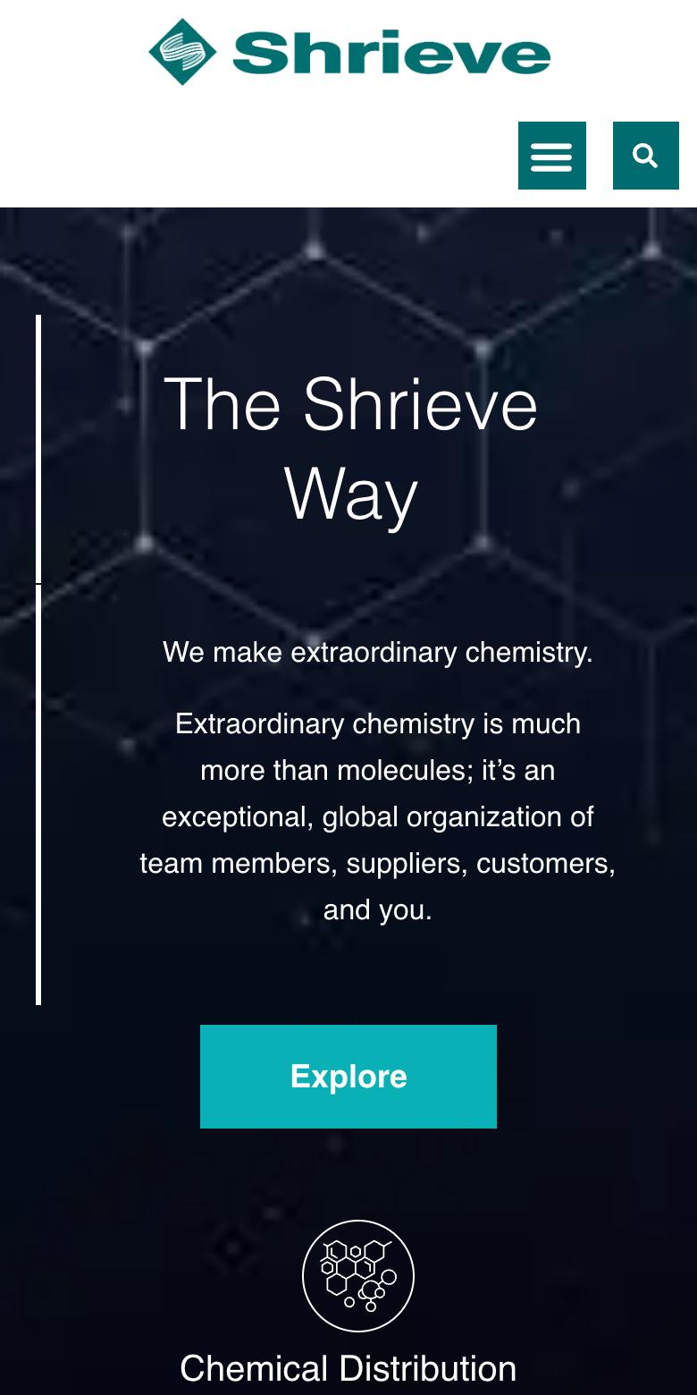 Mobile view of the shrieve chemical website