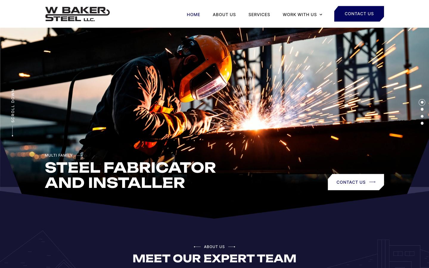 Homepage of the w baker steel website, built on wordpress by ascendly