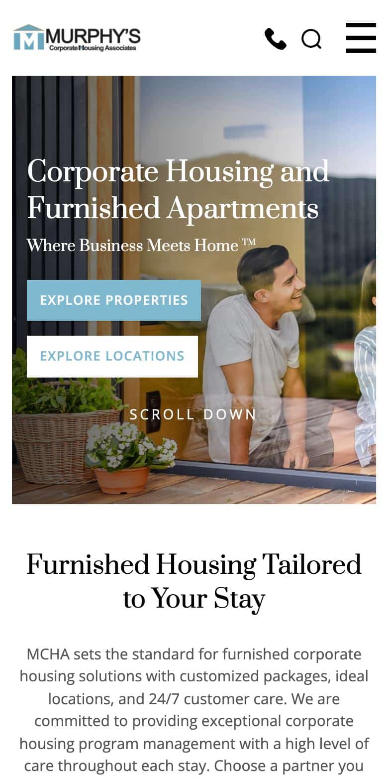 Mobile view of the corporate housing associates website