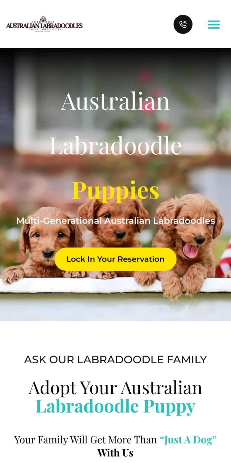 Australian Labradoodles of Texas website on mobile, designed and built by Ascendly